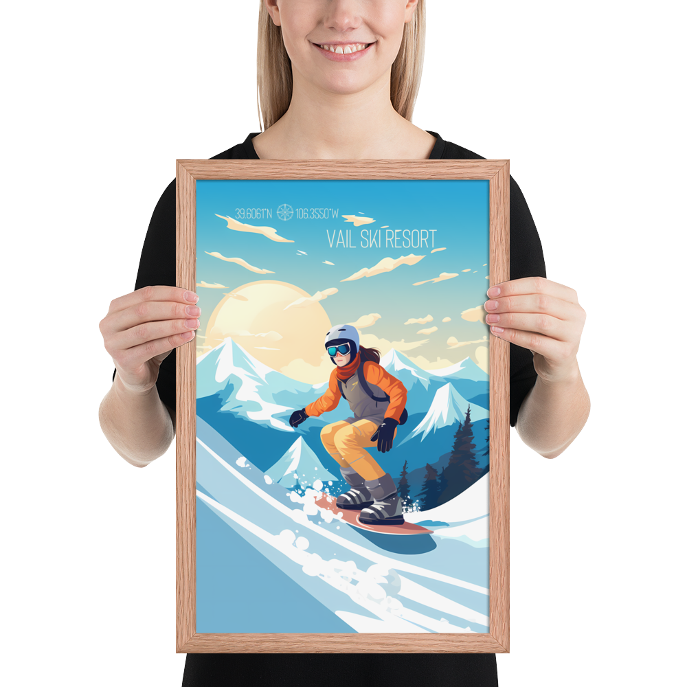Colorado - Vail Ski Resort - Woman Snowboard (Framed poster)