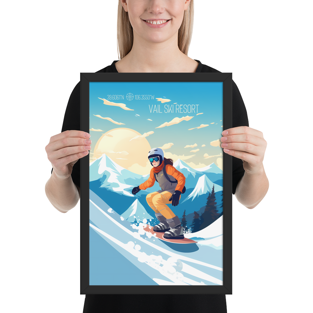 Colorado - Vail Ski Resort - Woman Snowboard (Framed poster)